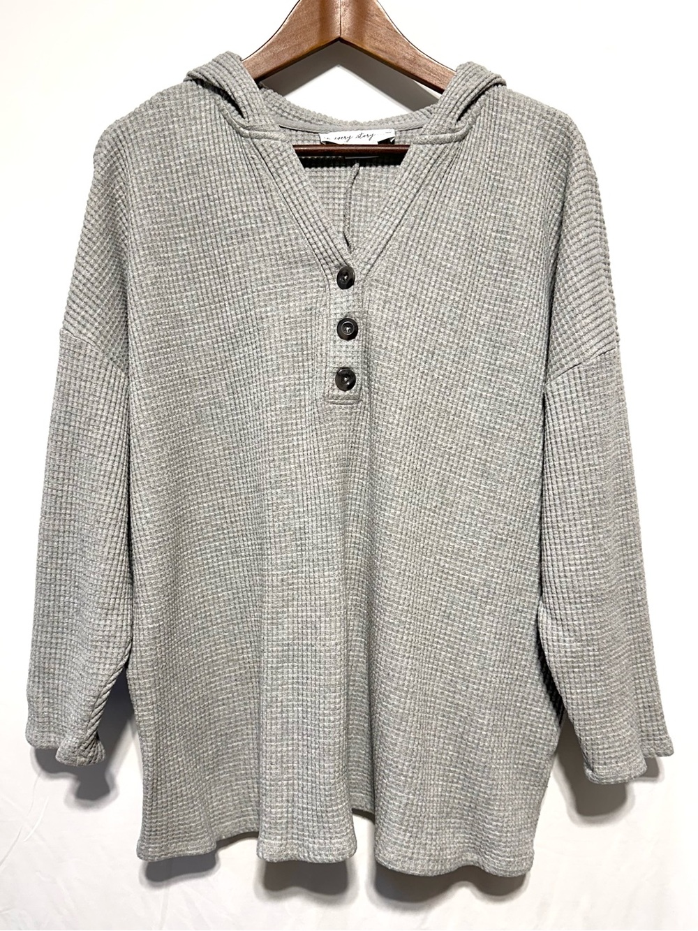 Oversized Waffle Knit Hooded Henley Tunic 3X Gray Slouchy Pullover Plus Size
